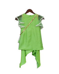 Girls Green Bottie Net Kurti With Dhoti