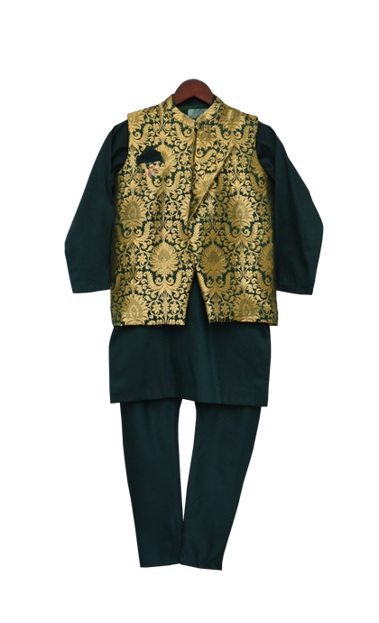 Boys Green Brocade Nehru Jacket With Kurta & Churidar