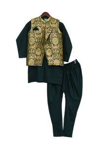 Boys Green Brocade Nehru Jacket With Kurta & Churidar