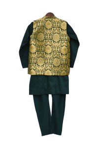 Boys Green Brocade Nehru Jacket With Kurta & Churidar