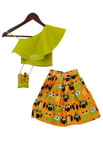 Girls Green Crop Top With Printed Skirt
