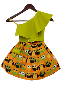 Girls Green Crop Top With Printed Skirt