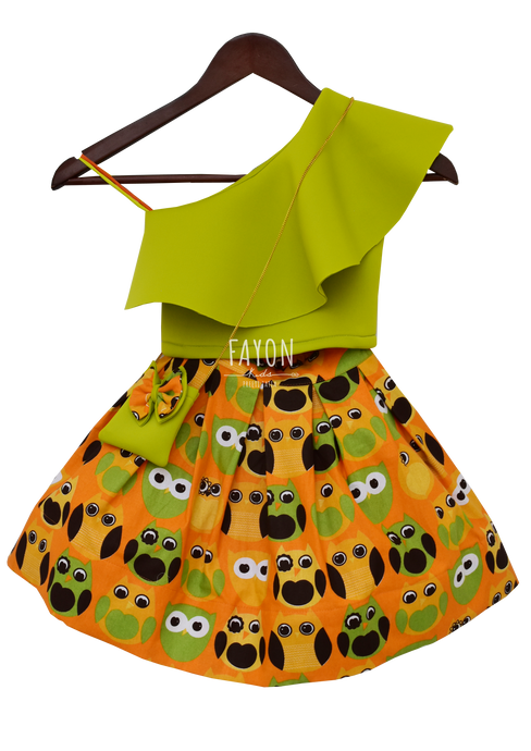 Girls Green Crop Top With Printed Skirt