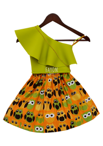 Girls Green Crop Top With Printed Skirt