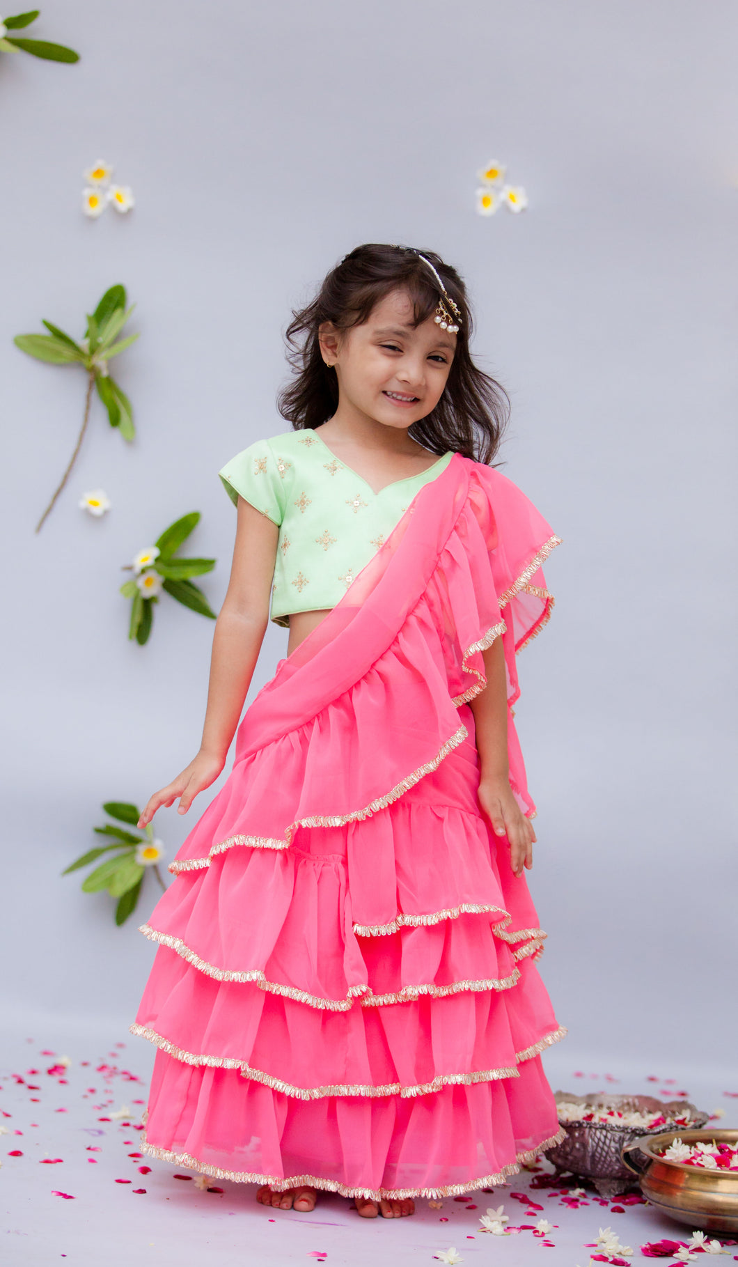 Girls Green Embroidery Choli With Pink Saree