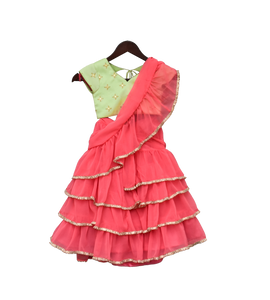 Girls Green Embroidery Choli With Pink Saree