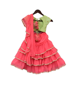 Girls Green Embroidery Choli With Pink Saree