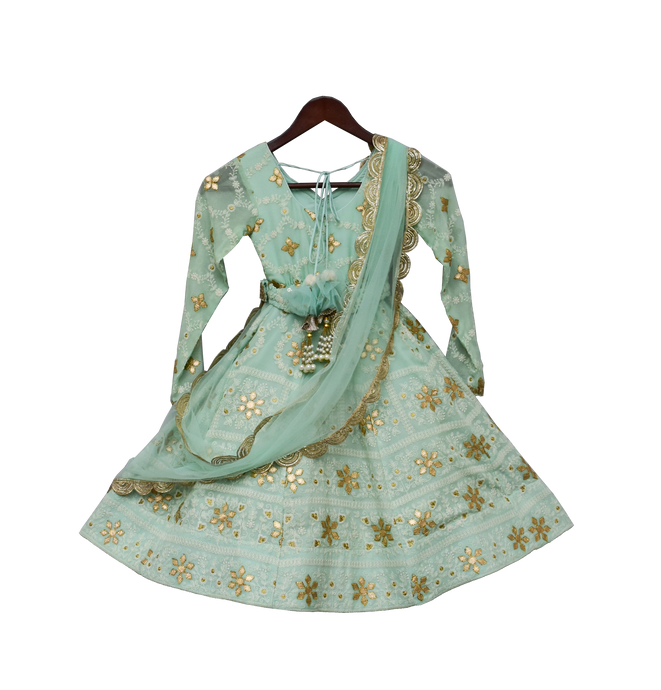 Girls Green Lucknowi Anarkali Dress
