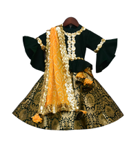 Load image into Gallery viewer, Girls Green Peplum Choli With Green Brocade Lehenga