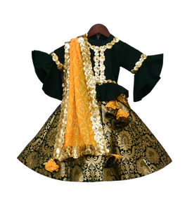Girls Green Peplum Choli With Green Brocade Lehenga