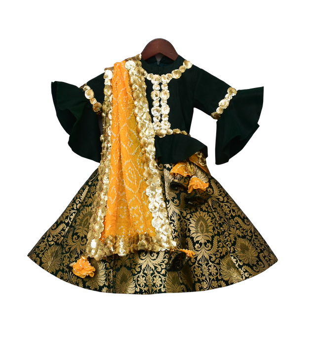 Girls Green Peplum Choli With Green Brocade Lehenga