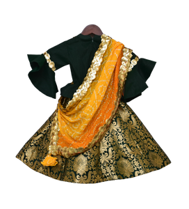 Girls Green Peplum Choli With Green Brocade Lehenga