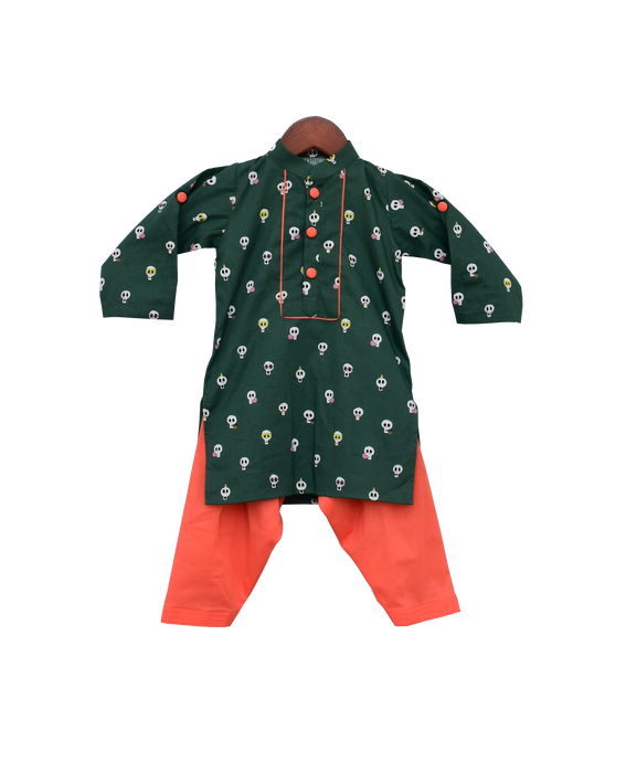Boys Green Printed Kurta With Salwar