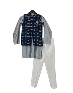 Boys Grey Kurta With Printed Nehru Jacket Set