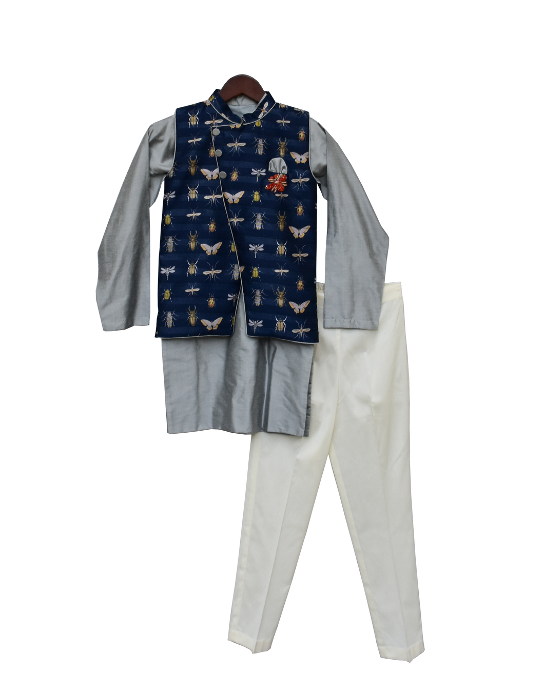 Boys Grey Kurta With Printed Nehru Jacket Set