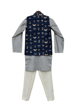 Load image into Gallery viewer, Boys Grey Kurta With Printed Nehru Jacket Set