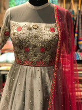 Load image into Gallery viewer, Grey Off Shoulder Embroidery Style Anarkali dress for womens
