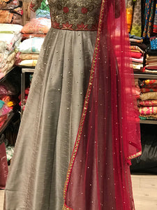 Grey Off Shoulder Embroidery Style Anarkali