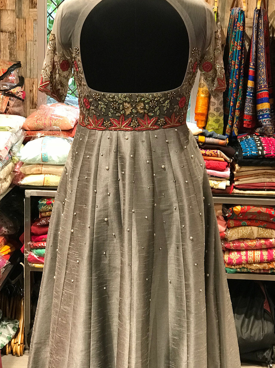 off shoulder anarkali dress Designer Grey off shoulder embroidery style anarkali: Perfect Panache 48