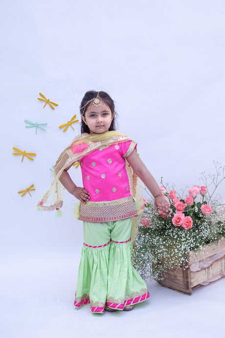 Girls Hot Pink Kurti With Sharara And Dupatta