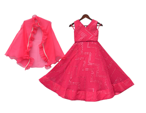 Girls Hot Pink Embroidery Choli With Lehenga & Cape