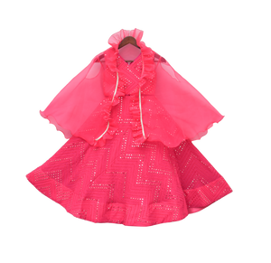 Girls Hot Pink Embroidery Choli With Lehenga & Cape