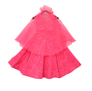 Girls Hot Pink Embroidery Choli With Lehenga & Cape