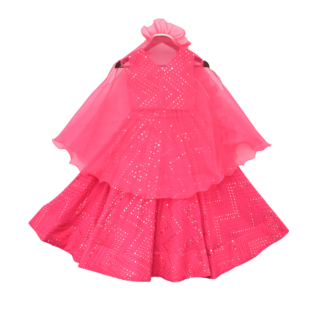Girls Hot Pink Embroidery Choli With Lehenga & Cape