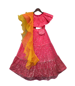 Girls Hot Pink Sequence Top With Lehenga