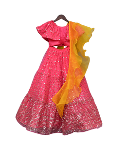 Girls Hot Pink Sequence Top With Lehenga