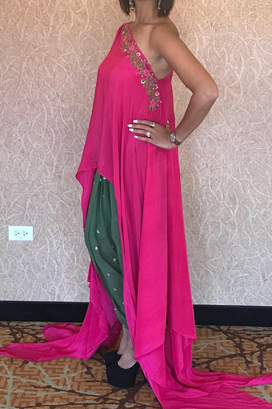 Designer Hot pink cape with olive green dhoti: Perfect Panache