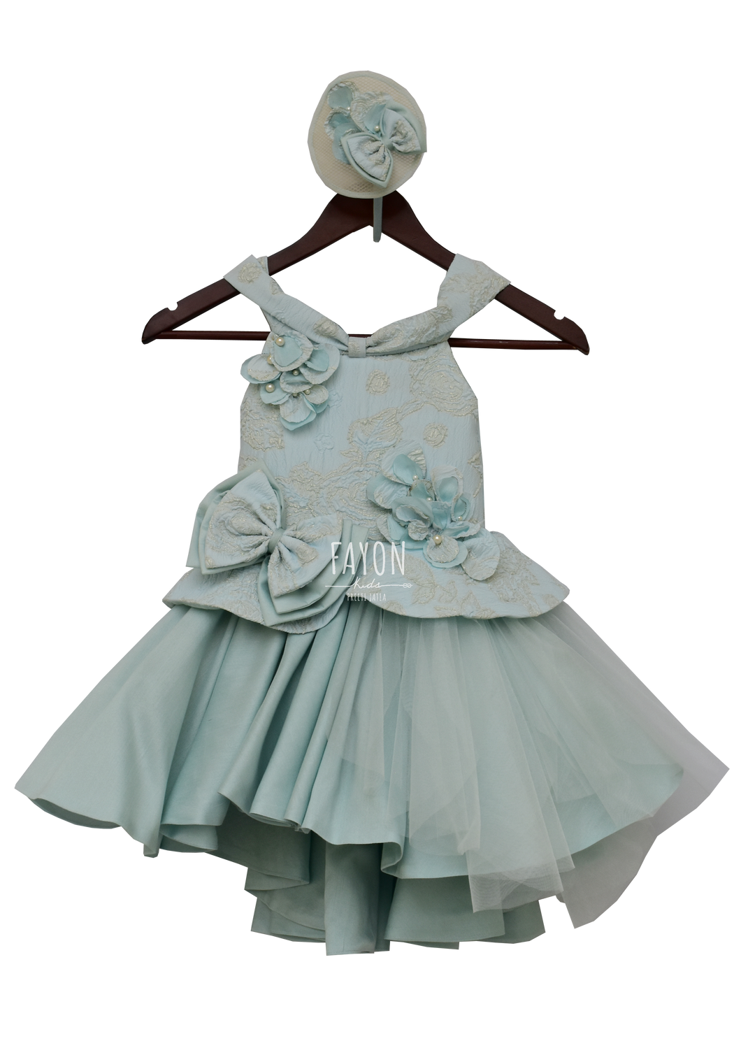 Girls Ice Blue Brocade Peplum High Low Gown
