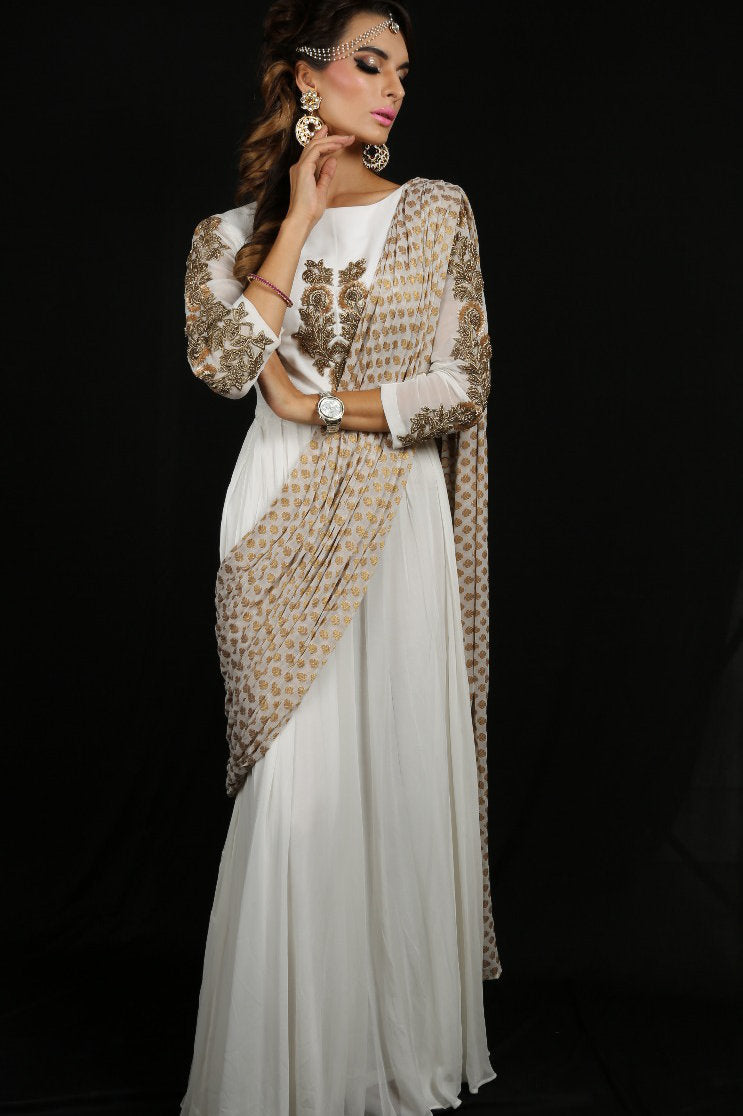 Designer Indo Western Saree /Gown with weaved Dupatta: Perfect Panache