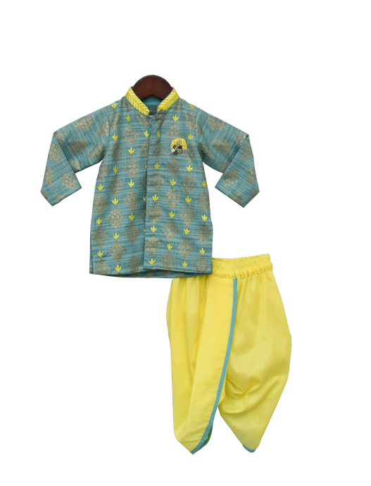 Boys Khadi Printed Kurta With Yellow Dhoti