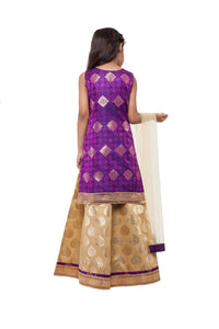 Girls Gold Lehenga With Brocade Blouse And Hand Embroidered Motif