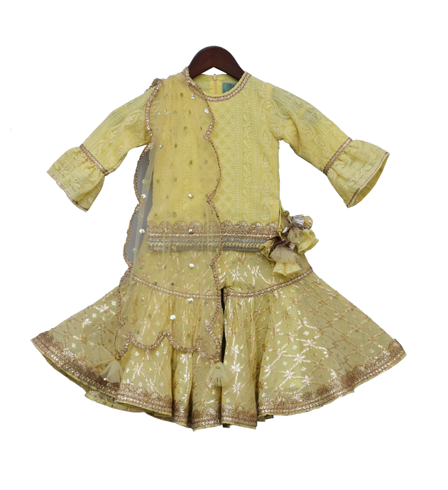 Girls Lemon Yellow Embroidery Kurti With Sharara