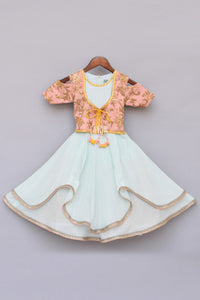 Girls Light Blue Anarkali Dress With Attached Embroidery Jacket