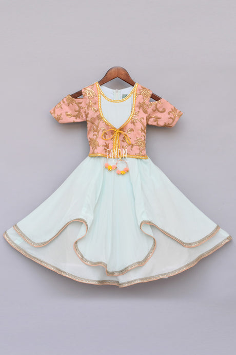 Girls Light Blue Anarkali Dress With Attached Embroidery Jacket