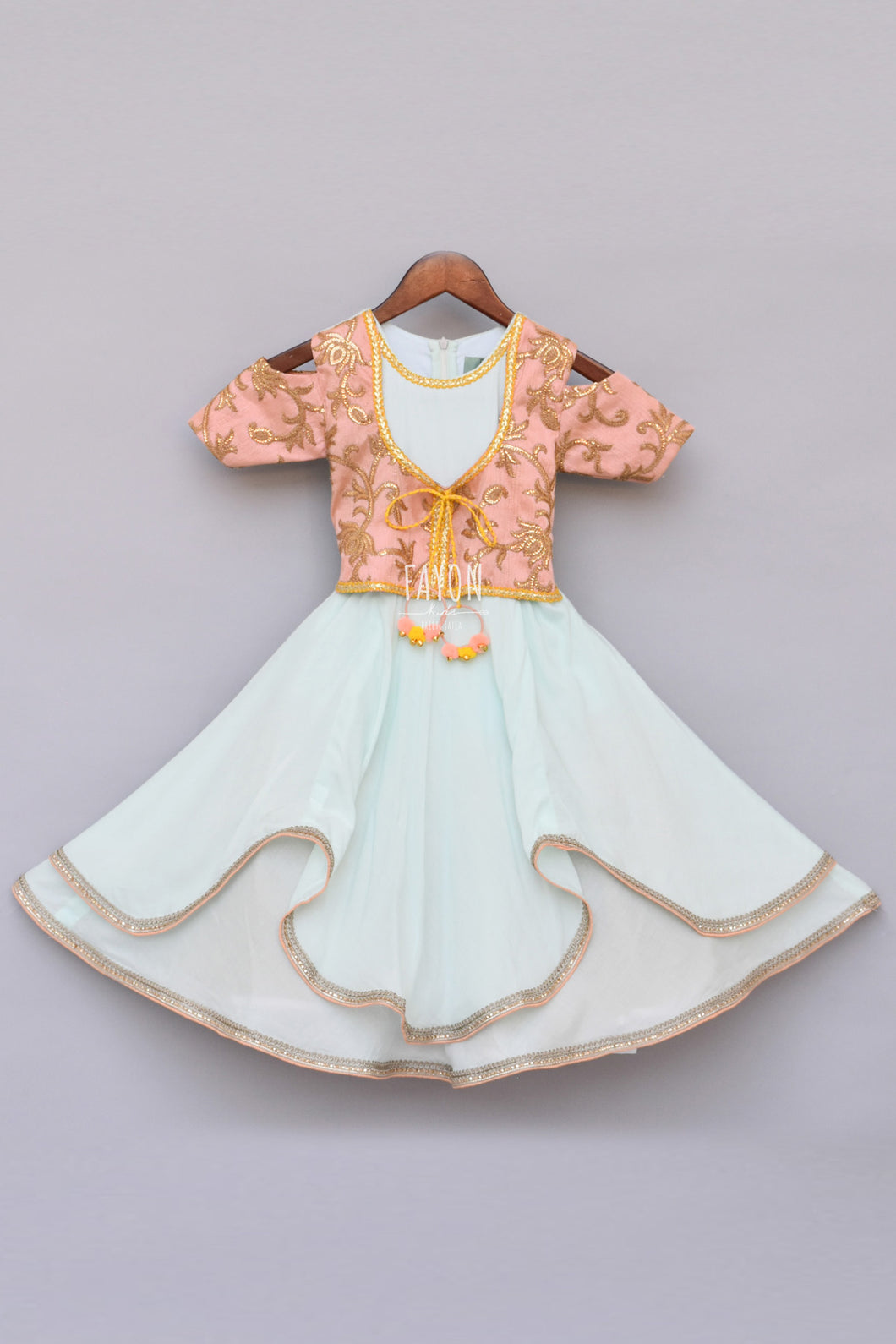 Girls Light Blue Anarkali Dress With Attached Embroidery Jacket