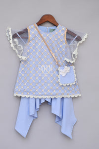 Girls Light Blue Bottie Net Kurti With Dhoti