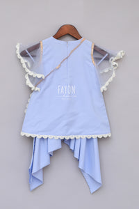 Girls Light Blue Bottie Net Kurti With Dhoti