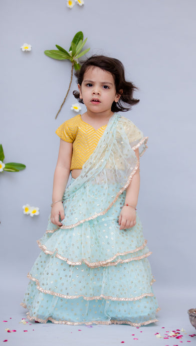 Girls Light Blue Chiffon Saree With Yellow Top