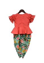 Load image into Gallery viewer, Girls Light Peach Peplum Top With Printed Dhoti