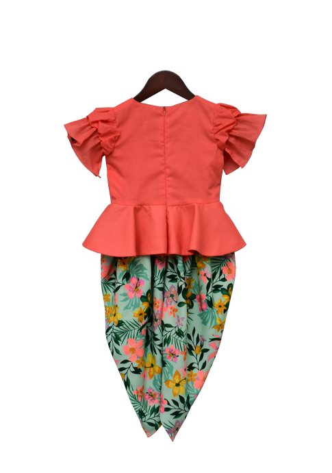 Girls Light Peach Peplum Top With Printed Dhoti