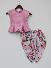 Load image into Gallery viewer, Girls Light Purple Chanderi Peplum Top With Printed Dhoti in New York