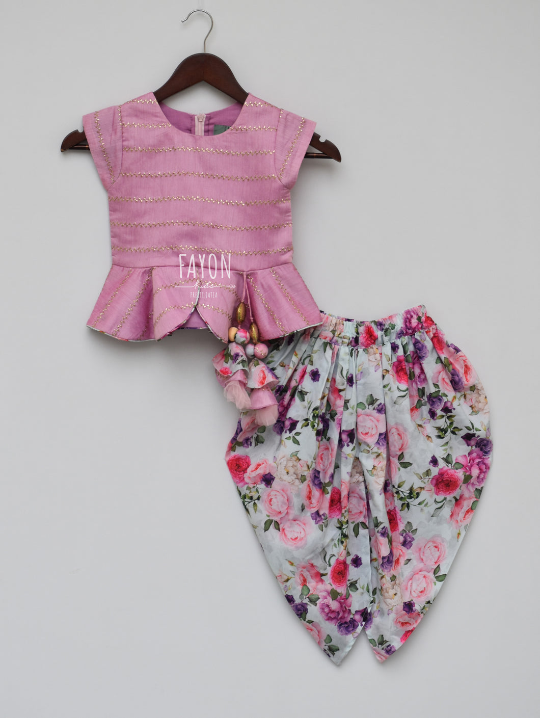 Girls Light Purple Chanderi Peplum Top With Printed Dhoti in New York