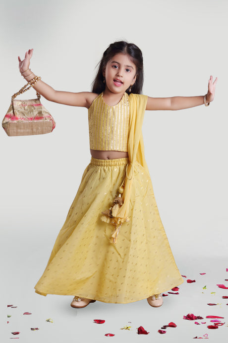 Girls Yellow Chanderi Skirt And Choli Set With Dupatta