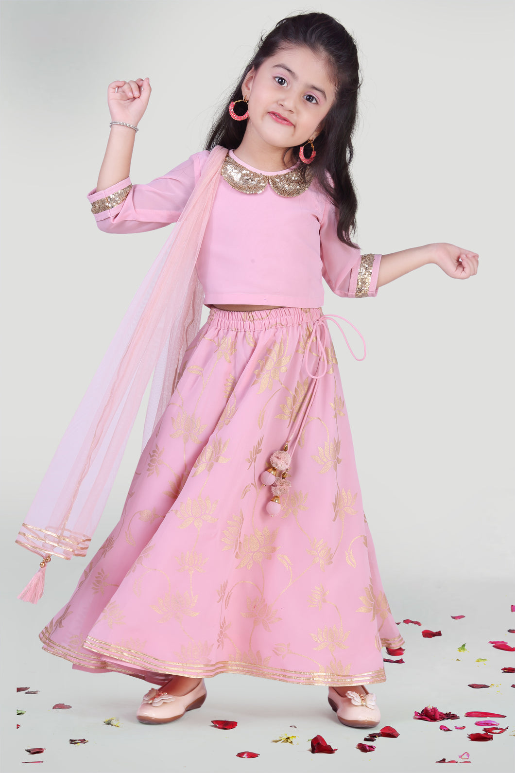 Girls Pastel Pink Skirt And Choli Set With Dupatta