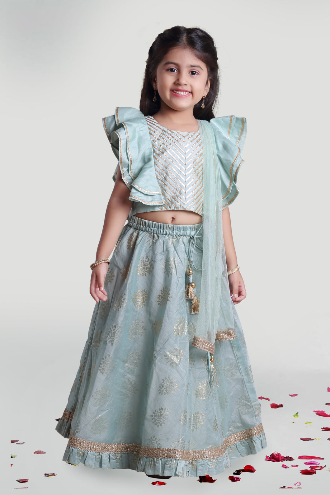 Girls Sea Green Skirt And Choli Set With Dupatta