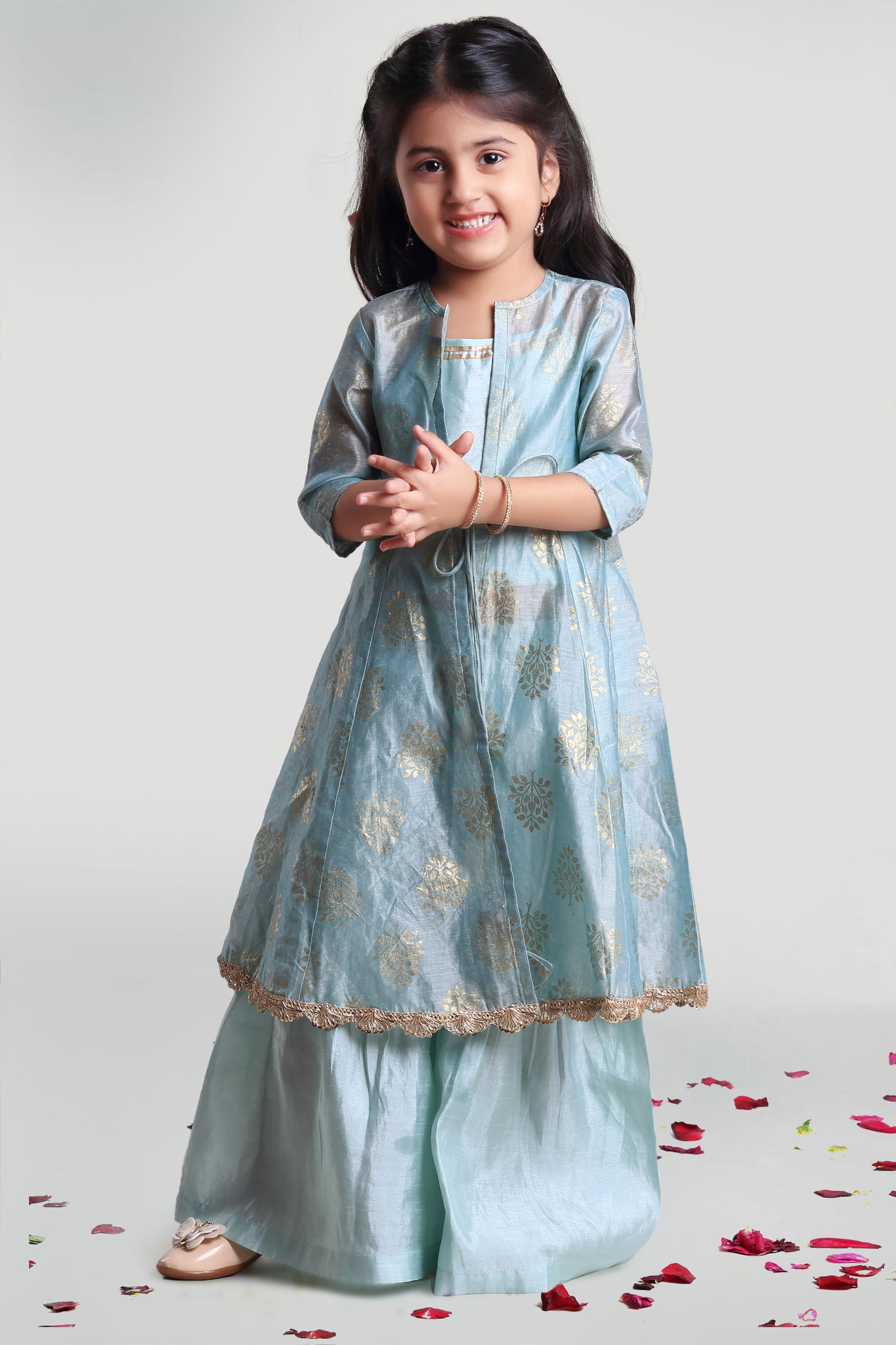 Kids Girls Girls Sea Green Jacket And Sharara Set With Inner For